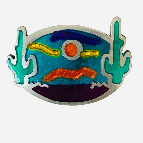 Alia Jewelry - Vintage Signed ALIA 1991 Cactus Moon Enamel Inlay Brooch Pin Pendant